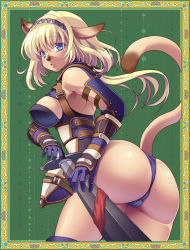 Rule 34 | 00s, 1girl, animal ears, armor, armpits, ass, blonde hair, blue eyes, breasts, cameltoe, cat ears, cat girl, cat tail, final fantasy, final fantasy xi, framed, gloves, hairband, katy (artist), mithra (ff11), ponytail, solo, sword, tail, weapon