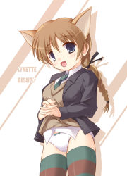 Rule 34 | 00s, 1girl, animal ears, blue eyes, braid, brown hair, cat ears, green necktie, highres, long hair, lynette bishop, necktie, panties, safi, single braid, solo, strike witches, striped clothes, striped thighhighs, thighhighs, underwear, world witches series