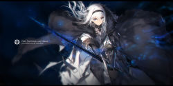 Rule 34 | 1girl, armor, artist name, black cape, blue eyes, blurry, breastplate, cape, coat, commentary request, depth of field, floating hair, fur trim, gauntlets, hairband, highres, holding, holding sword, holding weapon, letterboxed, light particles, long hair, looking away, magic, negative space, pixiv fantasia, pixiv fantasia last saga, solo, standing, swd3e2, sword, weapon, white coat, white hair