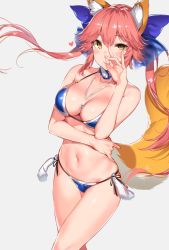 Rule 34 | 10s, 1girl, animal ears, bare arms, bare shoulders, between breasts, bikini, blue bikini, blue bow, bow, breasts, collar, crossed legs, fate/extra, fate (series), floating hair, fox ears, fox shadow puppet, fox tail, grey background, hair between eyes, hair bow, hand on own stomach, hand over face, hand up, heart, highres, jewelry, long hair, looking at viewer, medium breasts, navel, necklace, pink hair, side-tie bikini bottom, simple background, smile, solo, standing, stomach, swimsuit, tail, tamamo (fate), tamamo no mae (fate/extra), tamamo no mae (swimsuit lancer) (fate), yellow eyes, yuran