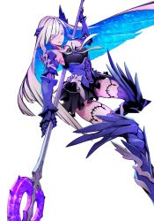 Rule 34 | 1girl, armor, bare shoulders, black skirt, blue hair, brynhildr (fate), collarbone, eyes visible through hair, fate/grand order, fate (series), gauntlets, greaves, grey hair, highres, holding, holding polearm, holding spear, holding weapon, long hair, miwa shirow, multicolored hair, polearm, simple background, skirt, solo, spear, vambraces, weapon