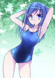 Rule 34 | 1girl, adjusting hair, arms behind head, blue eyes, blue hair, blue one-piece swimsuit, breasts, brushing hair, bush, collarbone, comb, competition school swimsuit, cowboy shot, dokidoki! precure, gluteal fold, gradient background, green background, highres, hishikawa rikka, holding, long hair, mouth hold, muusu, one-piece swimsuit, outdoors, precure, rubber band, school swimsuit, small breasts, swept bangs, swimsuit, thighs, tying hair, wet