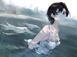 Rule 34 | 1girl, alternate costume, aqua eyes, black hair, breasts, cabin, cleavage, commentary request, day, dress, feathers, funi mu9, highres, hololive, lake, looking at viewer, medium breasts, oozora subaru, outdoors, parted lips, partially submerged, short hair, sleeveless, sleeveless dress, solo, upper body, virtual youtuber, water, wet, wet clothes