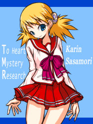 Rule 34 | 00s, 1girl, blonde hair, blue background, blue eyes, blush, bow, bowtie, character name, copyright name, cowboy shot, head tilt, long sleeves, looking at viewer, red skirt, sailor collar, sasamori karin, school uniform, serafuku, shirt, short hair, simple background, skirt, smile, solo, standing, to heart (series), to heart 2, twintails, white shirt