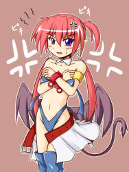 Rule 34 | 00s, 1girl, agito, agito (nanoha), blush, covering privates, covering breasts, embarrassed, flat chest, long hair, lyrical nanoha, mahou shoujo lyrical nanoha, mahou shoujo lyrical nanoha strikers, navel, panties, pointy ears, purple eyes, quad tails, red hair, solo, sweatdrop, tail, thighhighs, underwear, wardrobe malfunction, wings, yuuki shougo