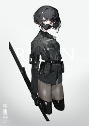 Rule 34 | 1girl, arms at sides, black footwear, black hair, black mask, black theme, blunt bangs, boots, cropped legs, falslander, gradient background, grey background, grey pantyhose, highres, mask, mouth mask, neco, pantyhose, purple eyes, ronin (neco), short hair, solo, thigh boots