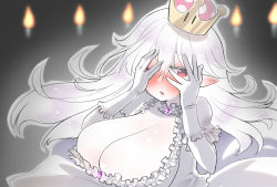Rule 34 | 1girl, akane846, bad id, bad pixiv id, breasts, candle, cleavage, colored skin, covering face, covering own eyes, fire, gloves, highres, huge breasts, long hair, looking at viewer, luigi&#039;s mansion, mario (series), new super mario bros. u deluxe, nintendo, open mouth, pointy ears, princess king boo, sharp teeth, short sleeves, solo, super crown, teeth, white gloves, white hair, white skin, white theme