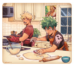 Rule 34 | 2boys, absurdres, all might, apron, artist name, baking, bakugou katsuki, black shirt, blonde hair, body freckles, boku no hero academia, cabinet, calendar (object), commentary, cookie cutter, english commentary, freckles, green eyes, green hair, habkart, hat, heart, highres, holding, holding tray, indoors, kitchen, looking at another, male focus, microwave, midoriya izuku, multiple boys, open mouth, orange apron, oven mitts, pink apron, red eyes, red shirt, rolling pin, santa costume, santa hat, scar, scar on hand, shirt, short hair, short sleeves, sink, spiked hair, standing, stove, t-shirt, tray, wooden spoon
