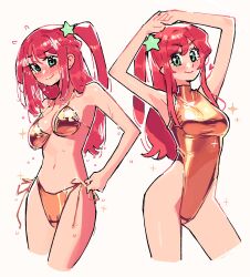 Rule 34 | 1girl, absurdres, arms up, bikini, breasts, cleavage, collared one-piece swimsuit, commentary, english commentary, gold bikini, gold one-piece swimsuit, green eyes, hair ornament, highres, kaatokun, long hair, looking at viewer, lyra (kaatokun), multiple views, navel, one-piece swimsuit, original, red hair, side-tie bikini bottom, side ponytail, sidelocks, simple background, sparkle, standing, star (symbol), star hair ornament, swimsuit, water drop, wet, white background