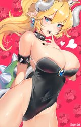 Rule 34 | 1girl, :p, arm behind back, armlet, artist name, bare legs, bare shoulders, black leotard, black nails, blonde hair, blue eyes, blue gemstone, blush, bowsette, breasts, brooch, cleavage, collar, covered navel, crown, damda, earrings, eyelashes, female focus, gem, goomba, grey horns, hair between eyes, hand on own chest, hand up, heart, highleg, highleg leotard, hip focus, horns, huge breasts, jewelry, legs, leotard, licking, long hair, looking at viewer, mario (series), monster girl, nail polish, new super mario bros. u deluxe, nintendo, pink background, pixelated, pointy ears, ponytail, shell, slit pupils, smile, solo, spiked armlet, spiked collar, spiked shell, spikes, standing, strapless, strapless leotard, super crown, teeth, tongue, tongue out, turtle shell, wavy hair