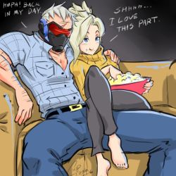 Rule 34 | 1boy, 1girl, :t, arm around shoulder, barefoot, blue eyes, casual, chip-tooth, chiptooth, couch, couple, crossed legs, denim, eating, eyeshadow, food, food on face, hetero, jeans, makeup, mask, mercy (overwatch), overwatch, overwatch 1, pants, plaid, plaid shirt, popcorn, ribbed sweater, scar, shirt, sitting, soldier: 76 (overwatch), sweater, turtleneck, visor