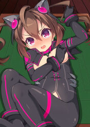 Rule 34 | &gt;:o, 1girl, ahoge, angry, animal ears, arm up, black gloves, black pants, black shirt, blush, bodysuit, breast cutout, breasts, breasts out, brown hair, character request, choker, covering privates, covering breasts, drill hair, embarrassed, eyelashes, fake animal ears, feet out of frame, gloves, hair between eyes, hand up, headgear, highres, lying, nose blush, on back, open mouth, osawari island, pants, pink choker, pink eyes, sap, shirt, small breasts, solo, tight clothes, tight pants, twin, twintails, v-shaped eyebrows
