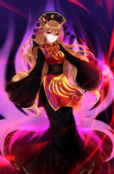 Rule 34 | 1girl, absurdres, aura, bad id, bad pixiv id, black dress, blonde hair, braid, breasts, chinese clothes, dress, french braid, headdress, highres, junko (touhou), long dress, long hair, medium breasts, pom pom (clothes), red eyes, sash, sheya, sleeves past wrists, smirk, solo, tabard, touhou, very long hair, wavy hair, wide sleeves