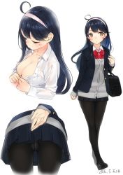 Rule 34 | 10s, 1girl, 2016, ahoge, alternate costume, ama mitsuki, artist name, bag, black hair, black pantyhose, blazer, blush, breasts, brown eyes, cardigan, cleavage, closed eyes, collared shirt, crotch seam, dated, hairband, jacket, kantai collection, large breasts, long hair, miniskirt, multiple views, open clothes, open jacket, panties, panties under pantyhose, pantyhose, pleated skirt, school bag, school uniform, see-through, shirt, signature, simple background, skirt, underwear, upskirt, ushio (kancolle), white background, white shirt