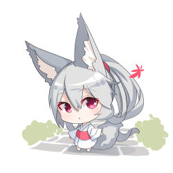Rule 34 | 1girl, absurdres, animal ear fluff, animal ears, autumn leaves, barefoot, chibi, commentary request, fox ears, fox girl, fox tail, full body, grey hair, highres, japanese clothes, kimono, leaf, long hair, long sleeves, looking at viewer, maple leaf, obi, original, parted lips, ponytail, red eyes, sash, simple background, solo, standing, tail, very long hair, white background, white kimono, wide sleeves, yuuji (yukimimi)
