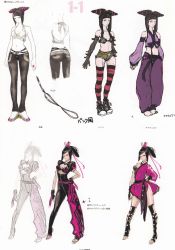 Rule 34 | 1girl, absurdres, alternate costume, alternate hairstyle, artist request, asymmetrical clothes, baggy pants, barefoot, belt, bikini, bikini top only, black hair, bodysuit, boots, breasts, capcom, center opening, character sheet, concept art, crop top, cutoffs, detached sleeves, drill hair, elbow gloves, gloves, halterneck, han juri, hand on own hip, highres, japanese clothes, kimono, long hair, medium breasts, midriff, multiple views, navel, official art, pants, purple eyes, red eyes, scrunchie, shoes, short kimono, short shorts, shorts, sketch, sneakers, spiked hair, strap, street fighter, street fighter iv (series), striped clothes, striped thighhighs, swimsuit, thigh boots, thighhighs, toeless legwear, toes, twin drills