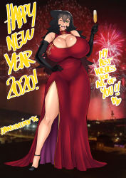 Rule 34 | 1girl, 2020, absurdres, alcohol, bare shoulders, black gloves, black hair, breasts, champagne, china dress, chinese clothes, cleavage cutout, clothing cutout, collarbone, dated, dress, elbow gloves, full body, gloves, green eyes, hair between eyes, hand on own hip, happy new year, high heels, highres, huge breasts, lipstick, long dress, long hair, looking at viewer, makeup, mkonstantinov, new year, one eye closed, open mouth, original, outdoors, red dress, shiny skin, side slit, smile, solo, standing, teeth, text focus, thick thighs, thighs, tongue, upper teeth only, wink