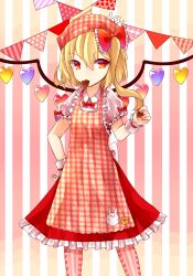 Rule 34 | 1girl, alternate eye color, apron, blonde hair, bow, breasts, candy, chocolate, chocolate heart, cowboy shot, eyes visible through hair, flandre scarlet, food, frilled apron, frilled bow, frilled skirt, frilled sleeves, frills, gradient eyes, hair between eyes, hair bow, hand on own hip, head scarf, heart, heart-shaped pupils, heart print, heart wings, looking at viewer, mouth hold, multicolored eyes, orange eyes, plaid, plaid apron, purple eyes, red eyes, red skirt, ribbon-trimmed sleeves, ribbon trim, sakizaki saki-p, shirt, short hair, side ponytail, skirt, small breasts, solo, standing, striped background, striped clothes, striped shirt, striped thighhighs, symbol-shaped pupils, thighhighs, touhou, valentine, white shirt, wings, wrist cuffs