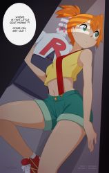 Rule 34 | 1girl, arm at side, artist name, bad id, bad pixiv id, bare arms, bare shoulders, breasts, creatures (company), crop top, dutch angle, english text, game freak, green eyes, green shorts, hiding, highres, leg up, light, locker, looking to the side, merunyaa, midriff, misty (pokemon), navel, nintendo, orange hair, pokemon, pokemon (anime), pokemon (classic anime), short hair, shorts, side ponytail, signature, sleeveless, small breasts, solo, standing, standing on one leg, suspender shorts, suspenders, sweatdrop, tareme, team rocket, team rocket uniform, watermark, web address