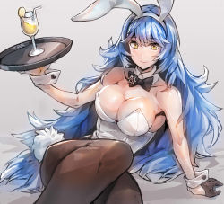 Rule 34 | 1girl, animal ears, bad id, bad pixiv id, black gloves, black ribbon, blue hair, bow, bowtie, breasts, brown pantyhose, cleavage, cocktail glass, covered navel, cup, detached collar, drinking glass, fake animal ears, fake tail, food, fruit, girls&#039; frontline, gloves, gradient background, grey background, hair between eyes, half gloves, highres, holding, holding tray, large breasts, lemon, lemon slice, leotard, long hair, looking at viewer, neck ribbon, official alternate costume, pantyhose, playboy bunny, rabbit ears, rabbit tail, ribbon, single glove, sitting, solo, strapless, strapless leotard, tail, takahito, tar-21 (girls&#039; frontline), tar-21 (night at the bar) (girls&#039; frontline), tray, waitress, wavy hair, white background, wing collar, wrist cuffs, yellow eyes