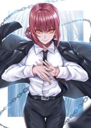 Rule 34 | 1girl, absurdres, black jacket, black necktie, black pants, braid, braided ponytail, brown hair, business suit, buttoned cuffs, buttons, chainsaw man, collared shirt, fingernails, formal, gu li, hand gesture, highres, jacket, light smile, long fingernails, long hair, long sleeves, looking at viewer, makima (chainsaw man), necktie, office lady, own hands together, pants, ringed eyes, shirt, shirt tucked in, smile, solo, suit, unworn jacket, white shirt, yellow eyes