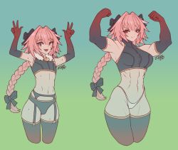 Rule 34 | 1boy, 1girl, :d, abs, absurdres, armpits, arms up, astolfo (fate), black thighhighs, braid, braided ponytail, bulge, clenched hands, closed mouth, crop top, double w, dual persona, fang, fate/apocrypha, fate (series), genderswap, genderswap (mtf), gradient background, hair intakes, highres, long hair, muscular, muscular female, navel, open mouth, panties, pink hair, red eyes, signature, simple background, skin fang, smile, sweatdrop, thighhighs, trap, underwear, v-shaped eyebrows, very long hair, w, white panties, zhvo