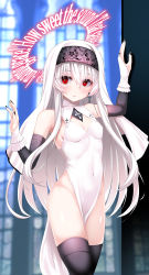 Rule 34 | 1girl, bare shoulders, black nails, black thighhighs, blurry, blurry background, blush, breasts, bridal gauntlets, covered navel, cross, cross earrings, dress, earrings, elbow gloves, english text, facing viewer, female focus, gloves, habit, halo, highres, hymn, indoors, jewelry, long hair, looking to the side, lyrics, nail polish, okuri banto, original, pelvic curtain, red eyes, small breasts, solo, thighhighs, very long hair, white dress, white hair