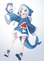 Rule 34 | 1girl, absurdres, animal costume, animal hood, bloop (gawr gura), blue hair, blue socks, blush, commentary, english commentary, fins, fish tail, full body, gawr gura, gawr gura (1st costume), gradient background, hat, highres, hololive, hololive english, hood, kimyo, long hair, multicolored hair, outstretched arm, shark costume, shark hood, shark tail, sharp teeth, shoes, silver hair, sleeves past wrists, socks, streaked hair, tail, teeth, virtual youtuber, white footwear