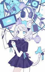 Rule 34 | 1girl, :/, animal ear fluff, animal ears, bell, black dress, black eyes, blue eyes, blue ribbon, blue theme, cat ears, cat tail, closed mouth, controller, cowboy shot, crown, drawing tablet, dress, fish, game controller, gloves, grey hair, hatsushiro mamimu, headphones, heterochromia, highres, holding, holding stylus, huion, jingle bell, lantern, original, paper lantern, puffy short sleeves, puffy sleeves, ribbon, short hair, short sleeves, solo, sparkling eyes, stylus, tail, tail ornament, tail ribbon, white gloves