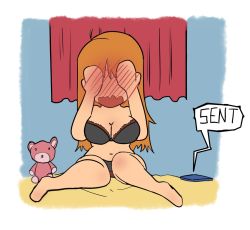 Rule 34 | 1girl, bleach, blush, bra, breasts, cellphone, cleavage, embarrassed, hands on face, hands on own face, highres, huge breasts, inoue orihime, large breasts, lingerie, long hair, navel, open mouth, orange hair, panties, phone, smartphone, solo, source request, stuffed animal, stuffed toy, tagme, teddy (lingerie), teddy bear, underwear