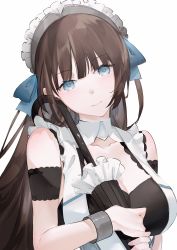 Rule 34 | 1girl, apron, azur lane, blue bow, blue eyes, bow, bracelet, breasts, brown hair, cleavage, closed mouth, hair bow, head tilt, highres, holding, holding umbrella, jewelry, large breasts, long hair, looking at viewer, maid apron, maid headdress, neko (ganecooo), newcastle (azur lane), simple background, smile, solo, umbrella, upper body, white apron, white background