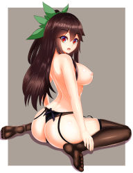 Rule 34 | 1girl, absurdres, arched back, ass, black panties, black thighhighs, bow, breasts, brown hair, fang, feet, garter straps, green bow, hair bow, highres, large breasts, long hair, nekoda (maoda), nipples, open mouth, outside border, panties, ponytail, red eyes, reiuji utsuho, sitting, solo, thighhighs, thong, topless, touhou, underwear, underwear only, wariza