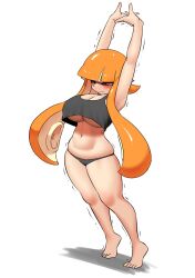 Rule 34 | 1girl, arms up, bare legs, barefoot, black bra, black panties, blunt bangs, blush, bra, breasts, closed mouth, commentary request, full body, highres, inkling, inkling girl, inkling player character, interlocked fingers, large breasts, long hair, motion lines, navel, nintendo, one eye closed, orange hair, panties, pero (pero7762), pointy ears, red eyes, simple background, solo, splatoon (series), stomach, stretching, suction cups, tentacle hair, twintails, underboob, underwear, underwear only, very long hair, white background