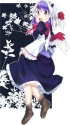 Rule 34 | 1girl, blue hair, blush, dress, full body, head wings, highres, horns, looking back, matemi, multicolored hair, open mouth, red eyes, short hair, silver hair, simple background, single head wing, skirt, solo, tokiko (touhou), touhou, transparent background, two-tone hair, wings