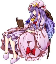 Rule 34 | 1girl, baba (baba seimaijo), book, bow, chair, crescent, dress, frills, full body, hair bow, hair ornament, hat, hat bow, highres, long hair, long sleeves, looking down, mob cap, open book, patchouli knowledge, profile, puffy sleeves, purple hair, reading, sitting, slippers, solo, striped clothes, striped dress, tachi-e, touhou, transparent background, vest, wide sleeves