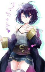 1girl ahoge bare_shoulders black_hair coat fire_emblem fire_emblem_awakening morgan_(female)_(fire_emblem) morgan_(fire_emblem) nintendo no_gloves one_eye_closed purple_eyes signature simple_background solo star_(symbol) thighhighs tongue tongue_out yuyu_(spika)