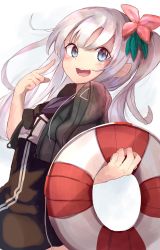 Rule 34 | 10s, 1girl, absurdres, blue eyes, commentary, flower, hair flower, hair ornament, highres, innertube, kantai collection, lifebuoy, long hair, looking at viewer, open mouth, pointing, pointing at self, ranf, ro-500 (kancolle), silver hair, solo, swim ring