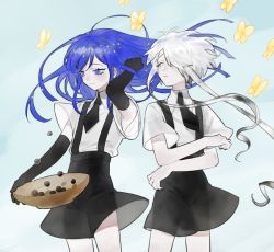 Rule 34 | 2others, androgynous, bad id, bad pixiv id, blue eyes, blue hair, bowl, bug, butterfly, elbow gloves, flipped hair, gem uniform (houseki no kuni), ghost quartz (houseki no kuni), gloves, hair over one eye, houseki no kuni, insect, lapis lazuli (houseki no kuni), long hair, multicolored hair, multiple others, necktie, short hair, short hair with long locks, smile, suspenders, white eyes, white hair