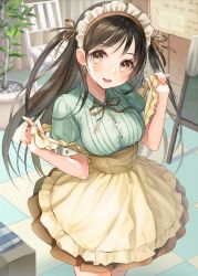 Rule 34 | 1girl, apron, apron pull, aqua shirt, arms up, black hair, blush, breasts, brown eyes, brown neckwear, brown ribbon, brown skirt, chair, clothes pull, commentary request, cowboy shot, head tilt, highres, indoors, light blush, long hair, looking at viewer, maid, maid headdress, medium breasts, menu board, open mouth, original, plant, potted plant, puffy short sleeves, puffy sleeves, ribbon, shirt, short sleeves, skirt, smile, solo, standing, teeth, tile floor, tiles, tree, twintails, upper teeth only, utaka (anyoanyot), very long hair