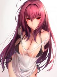 Rule 34 | 1girl, alternate costume, arms behind back, bare shoulders, bikini, black bikini, breasts, cleavage, collarbone, commentary request, contemporary, fate/grand order, fate (series), from above, hair between eyes, hair intakes, halterneck, highres, large breasts, leaning forward, long hair, looking at viewer, lun7732, purple eyes, purple hair, scathach (fate), see-through, shirt, side-tie bikini bottom, skindentation, solo, swimsuit, very long hair, wet, wet clothes, wet shirt, white shirt
