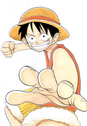 Rule 34 | 1boy, black hair, clenched hand, fighting stance, hat, highres, male focus, monkey d. luffy, oda eiichirou, official art, one piece, red vest, scar, shorts, simple background, smile, solo, straw hat, teeth, vest, white background