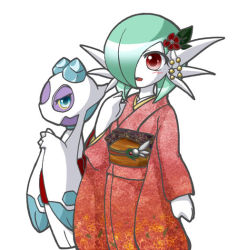 Rule 34 | 2girls, blue eyes, blush, clothed pokemon, colored sclera, costume, creatures (company), female focus, flower, froslass, game freak, gardevoir, gen 3 pokemon, gen 4 pokemon, green hair, hair flower, hair ornament, hair over one eye, hand up, japanese clothes, kimono, long sleeves, multiple girls, nintendo, obi, open mouth, pokemon, pokemon (creature), pokemon dppt, pokemon rse, red eyes, red flower, sash, shiratsuki (royal moon), short hair, standing, yellow sclera