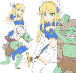 Rule 34 | 1boy, 1girl, armor, arrow (projectile), blue armor, bound, closed mouth, commentary, elbow gloves, elf, gag, gloves, goblin, green eyes, hair ornament, highres, holding, holding reins, holding shield, holding sword, holding weapon, long hair, midriff, multiple views, navel, original, pleated skirt, pointy ears, reins, riding, shield, shino (yaruki nai yatsu), shorts, skirt, sweat, sword, thighhighs, tied up (nonsexual), trembling, weapon, white gloves, white skirt, white thighhighs