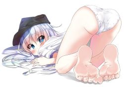 Rule 34 | 1girl, artist request, ass, barefoot, black hat, blue eyes, blush, character request, copyright request, feet, foot focus, hat, highres, long hair, looking at viewer, looking back, lying, panties, shadow, simple background, soles, solo, toenails, toes, top-down bottom-up, underwear, white background, white hair, white panties