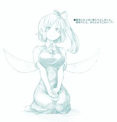Rule 34 | 1girl, aqua theme, breasts, daiyousei, fairy wings, female focus, monochrome, seiza, simple background, sitting, solo, takeuma, touhou, translation request, white background, wings