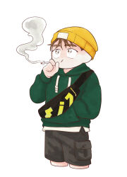Rule 34 | 1boy, brown hair, cigarette, commentary request, cropped legs, eoduun badaui deungbul-i doeeo, fanny pack, gof2ull, green hoodie, hand in pocket, hat, holding, holding cigarette, hood, hoodie, jihyeok seo, korean commentary, male focus, short hair, shorts, simple background, smoke, solo, standing, white background, yellow hat