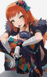 Rule 34 | 1girl, bandaged arm, bandages, dress, eyeshadow, facial mark, fire emblem, fire emblem engage, flower, fur trim, hair flower, hair ornament, highres, long hair, looking at viewer, makeup, nintendo, open mouth, orange hair, panette (fire emblem), pearlbbbb, ribbon, solo, squatting, white background, yellow eyes