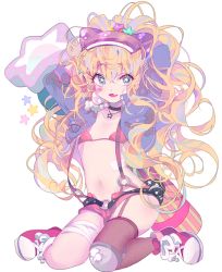 Rule 34 | 1girl, :d, animal ears, arm behind head, arms up, bad id, bad pixiv id, bandaged leg, bandages, bandaid, bandaid on face, belt, blonde hair, blue eyes, bow, bra, brown thighhighs, buckle, cat ears, choker, cropped jacket, cross-laced footwear, eyebrows, fake animal ears, fang, full body, garter straps, hair between eyes, hair ornament, hands in hair, jacket, jewelry, knee pads, kneeling, long hair, long sleeves, navel, necklace, open fly, open mouth, pendant, pink bra, pink shorts, purple jacket, red footwear, ring, seeu, shade, shoes, short shorts, shorts, simple background, single thighhigh, smile, sneakers, solo, star-shaped pupils, star (symbol), star hair ornament, star necklace, stomach, strap gap, suspenders, symbol-shaped pupils, thighhighs, underwear, very long hair, visor cap, vivinos, vocaloid, wavy hair, white background