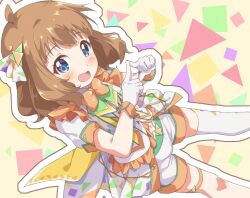 Rule 34 | 1girl, ahoge, blue eyes, blush, bow, bowtie, brown hair, commentary, gloves, half-skirt, hands up, highres, idolmaster, idolmaster million live!, idolmaster million live! theater days, jacket, looking at viewer, medium hair, multicolored background, multicolored clothes, official alternate costume, open mouth, orange bow, orange bowtie, short sleeves, shorts, sidelocks, single thighhigh, smile, solo, suou momoko, thigh strap, thighhighs, thighs, toma (shinozaki), triangle hair ornament, triangle hands, wavy hair, white gloves, white jacket, white shorts, white thighhighs