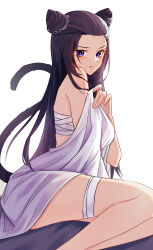 Rule 34 | 1girl, absurdres, bandage on thigh, bed sheet, black hair, blanket, blush, bright pupils, cat tail, cone hair bun, covering with blanket, douluo dalu, hair bun, highres, long hair, parted lips, purple eyes, sarashi, shan chuan, sitting, solo, tail, white pupils, zhu zhuqing (douluo dalu)
